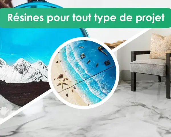 Créations artistiques avec résines : un décor de montagne et une plage tropicale, idéales pour mélanger peinture acrylique et résine.