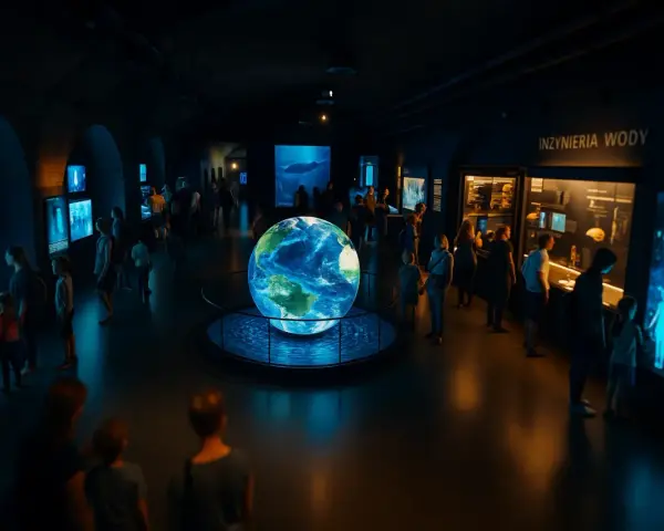 Wrocławskie muzeum wody: zwiedzający oglądają wielką kulę ziemską i ekspozycje o inżynierii wody.