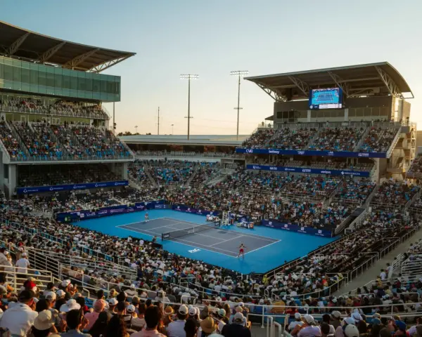 Un partido de tenis en el torneo de Cincinnati, con gradas llenas de espectadores bajo un cielo despejado.