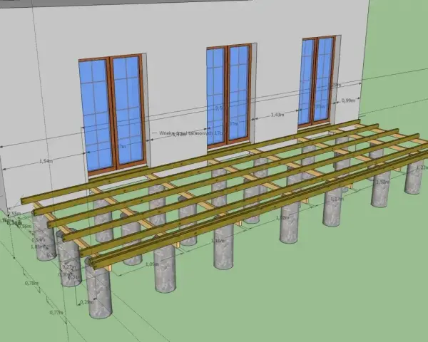 Projekt tarasu z widocznymi legarami i słupkami fundamentowymi. Wymiary konstrukcji podane w metrach.