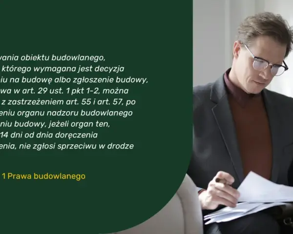 Mężczyzna w okularach analizuje dokumenty dotyczące pozwolenia na użytkowanie obiektu budowlanego.