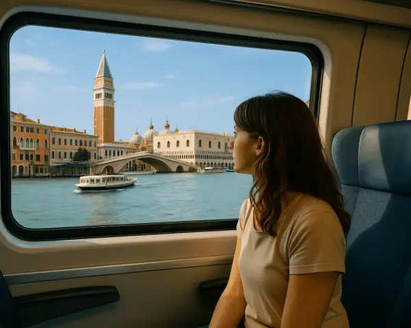 Donna guarda fuori dal finestrino del treno, ammirando il panorama di Venezia. Un modo suggestivo per capire come arrivare a Venezia.