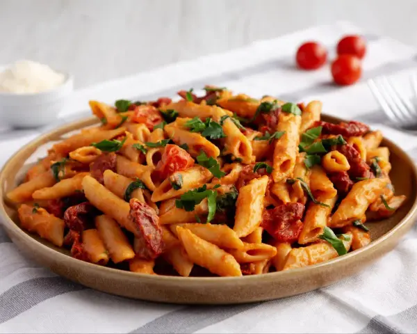 Penne z sosem pomidorowym, suszonymi pomidorami i natką pietruszki. Czy to fusilli czy penne, smakuje wybornie!