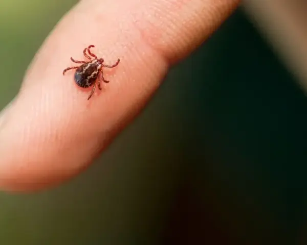 Mały, ciemny pajęczak, zdrapany kleszcz, siedzi na opuszce palca.