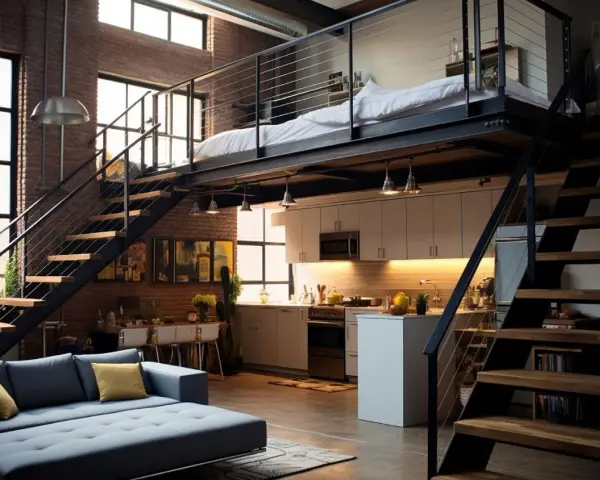 Luminoso loft con soppalco altezza 3 metri, letto, cucina moderna, divano blu e scale in metallo.