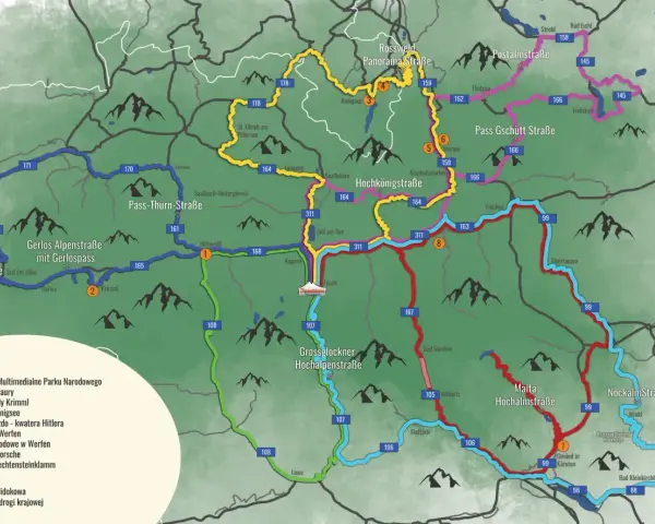 Trasa widokowa przez Alpy, z zaznaczonymi drogami i atrakcjami. Pogoda w górach bywa zmienna, warto sprawdzić prognozę.