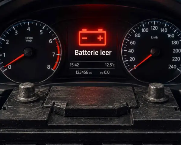 Armaturenbrett mit rotem Batteriesymbol und der Meldung "Batterie leer". Die Tachometeranzeige zeigt 0 km/h.