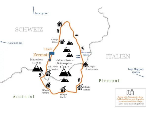 Karte der Tour Monte Rosa: Zermatt, Matterhorn, Monte Rosa, Rifugi in Italien und Schweiz. Wanderroute mit Hütten und Gipfeln.