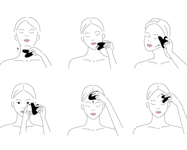 Ilustracje pokazują, jak używać kamień gua sha do masażu twarzy i szyi.