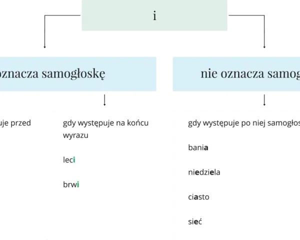 Diagram wyjaśnia, kiedy litera "i" oznacza samogłoskę, a kiedy nie. Pokazuje przykłady spółgłosek miękkich w różnych kontekstach.