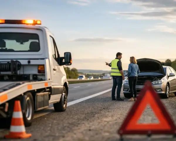 Awaria samochodu za granicą? Krótkoterminowe assistance pomoże Ci wrócić na drogę. Na poboczu stoi laweta, a kierowca rozmawia z kobietą przy otwartej masce auta.
