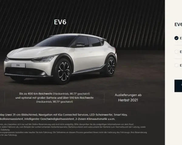 Biały Kia EV6, cena od 44.990 €, zasięg do 400 km, z opcją większej baterii.