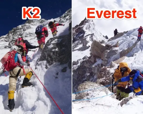 Bergsteiger am K2, wo die K2 Todesrate hoch ist, und am Everest. Extreme Bedingungen, steile Hänge, Seilsicherungen.