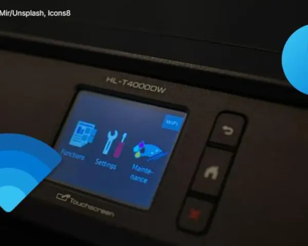 Drucker mit WLAN verbinden: Das Display zeigt Optionen wie Funktionen, Einstellungen und Wartung. Ein Fragezeichen deutet auf eine Herausforderung hin.
