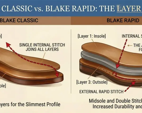Confronto tra cucitura Blake Classic (singola interna, profilo sottile) e Blake Rapid (con intersuola aggiunta e doppia cucitura esterna per maggiore robustezza).
