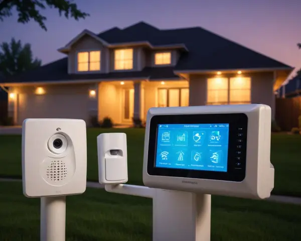 Ett modernt hemlarm med kamera och rörelsesensor framför ett upplyst hus. Kontrollpanelen visar olika ikoner för säkerhetsfunktioner.