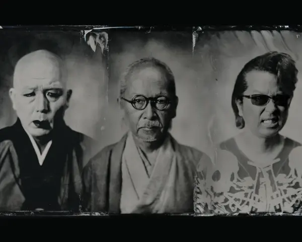 Trois portraits en noir et blanc de visages japonais. Le premier, chauve, porte une tenue sombre. Le second, avec des lunettes rondes, a une moustache. Le troisième, avec des lunettes de soleil, arbore un motif de crâne, évoquant un style metal japonais.