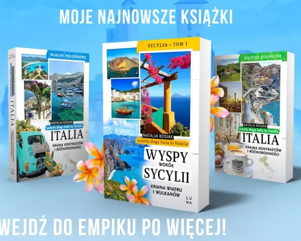 Okładki książek o Sycylii i Włoszech, z widokami i tekstem.