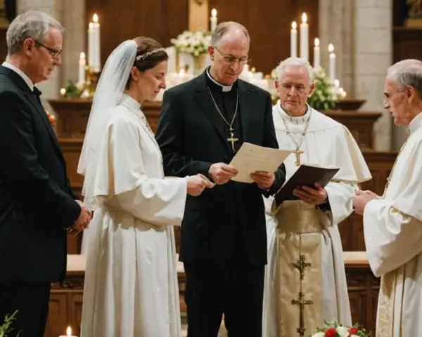 Ślub kościelny: para młoda, ksiądz i ministranci w kościele.