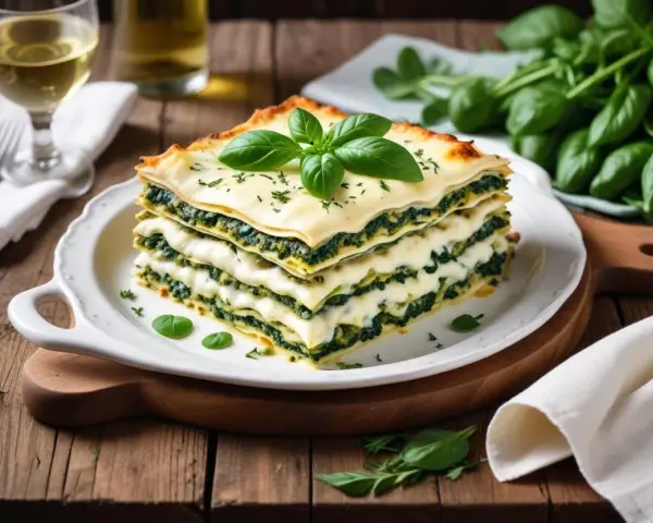 En saftig lasagne med spenat och ost, perfekt att servera med ett glas vitt vin till lasagne.