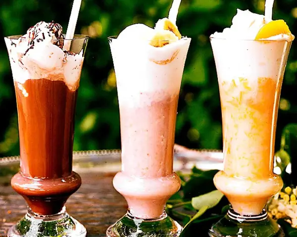 Tre läckra milkshakes i glas: choklad, jordgubb och aprikos. Perfekt för ett somrigt milkshake recept.