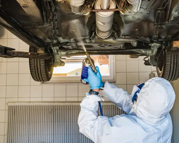 Mechanik w kombinezonie zabezpieczającym podwozie samochodu. Zastanawiasz się, ile kosztuje przegląd samochodu z gazem?
