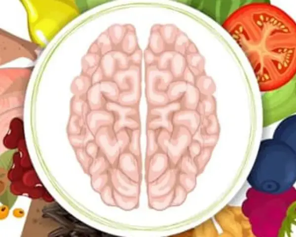 Dieta mind: mózg otoczony zdrowymi produktami jak jagody, pomidor, brokuły, fasola i mięso.