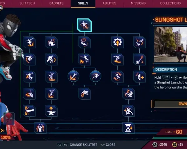 Spider-Man en el menú de habilidades, mostrando el árbol de habilidades y la descripción de "Slingshot Launch". Una guía para mejorar tus poderes.