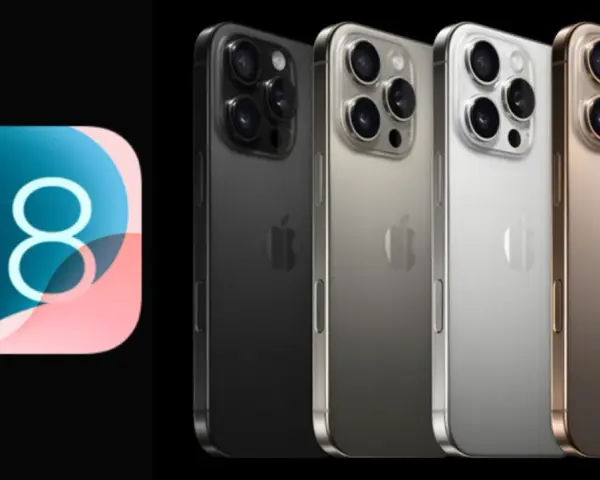 Ikona z cyfrą 18 i cztery iPhone'y w różnych kolorach: czarny, srebrny, biały i złoty. Nadchodzi iOS 18.