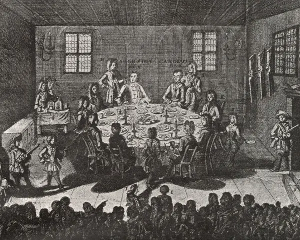 Uczta w sali, symbolizująca kulturę polskiego oświecenia. Ludzie przy stole, muzycy i widzowie tworzą atmosferę epoki.