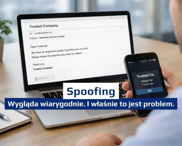Oszustwo spoofingowe: fałszywy e-mail i połączenie od "Trusted Company" wyglądają wiarygodnie, co jest problemem.