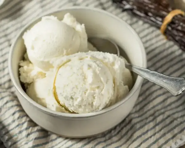 Pyszne, kremowe domowe lody waniliowe w miseczce, gotowe do schrupania.