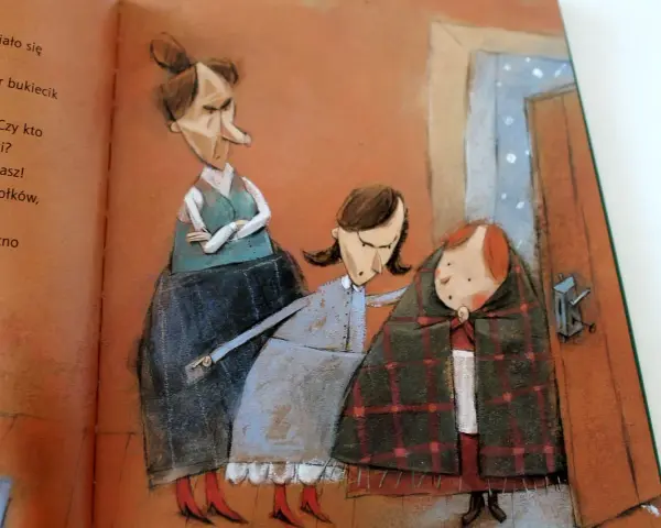 Ilustracja z porazińskiej baśni o 12 miesiącach. Zła macocha i przyrodnia siostra patrzą na dziewczynkę okrytą kocem.