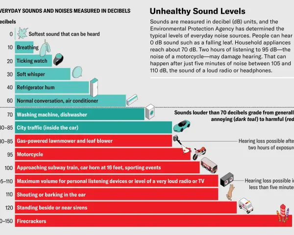 Graphique comparant les niveaux sonores quotidiens, de la respiration (10 dB) à un murmure doux (30 dB), jusqu'aux sirènes et pétards.