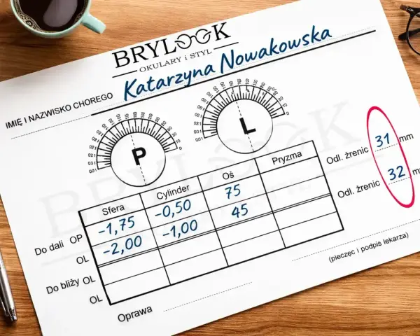 Recepta na okulary Katarzyny Nowakowskiej z danymi do oprawki i korekcji sferycznej, cylindrycznej i osi.