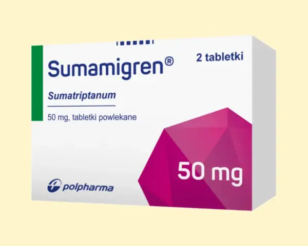 Opakowanie leku Sumamigren 50 mg, zawierające 2 tabletki powlekane.