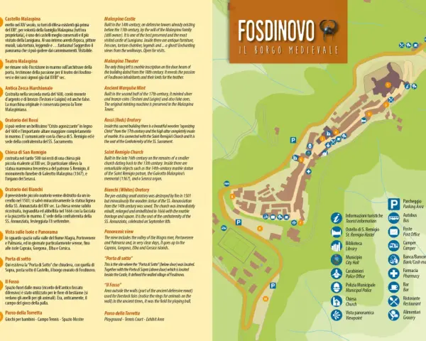 Mappa di Fosdinovo, borgo medievale, con indicati castello, chiese, oratori e punti panoramici.