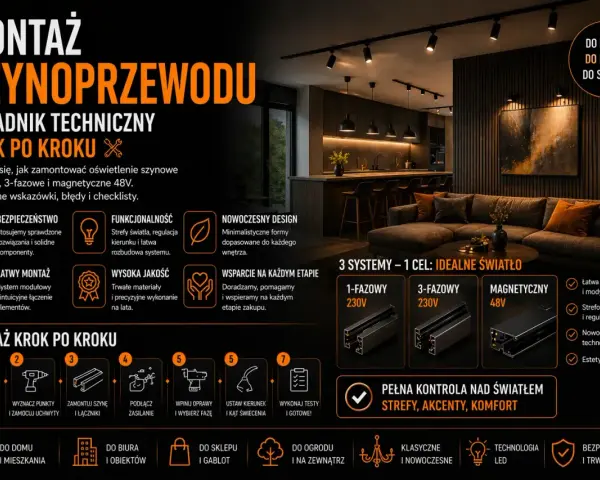 Poradnik techniczny: montaż oświetlenia szynowego 1-fazowego, 3-fazowego i magnetycznego 48V. Praktyczne wskazówki, błędy i checklisty.