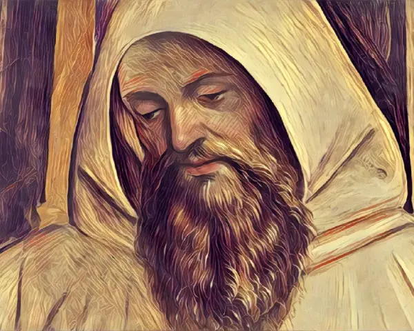A monk with a long beard, wearing a hooded robe, gazes downwards. This image might accompany 10 facts about St. Benedict.