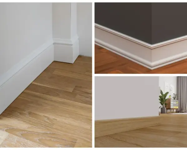 Detalles de rodapiés modernos en blanco y madera, mostrando las últimas tendencias para interiores elegantes.