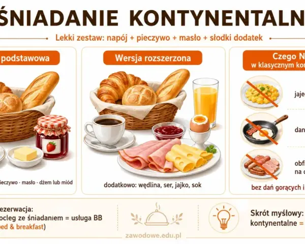 Klasyczny śniadanie kontynentalne: pieczywo, masło, dżem, kawa. Wersja rozszerzona zawiera też wędlinę, ser i jajko. Bez dań gorących.