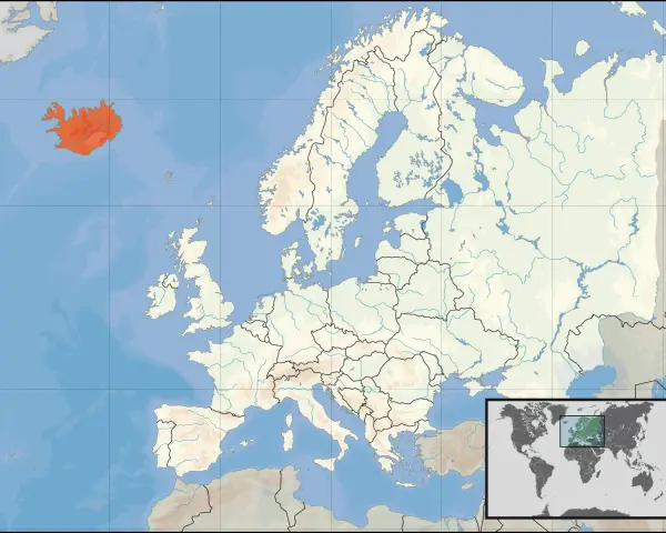 Mapa Europy z zaznaczoną na czerwono Islandią.