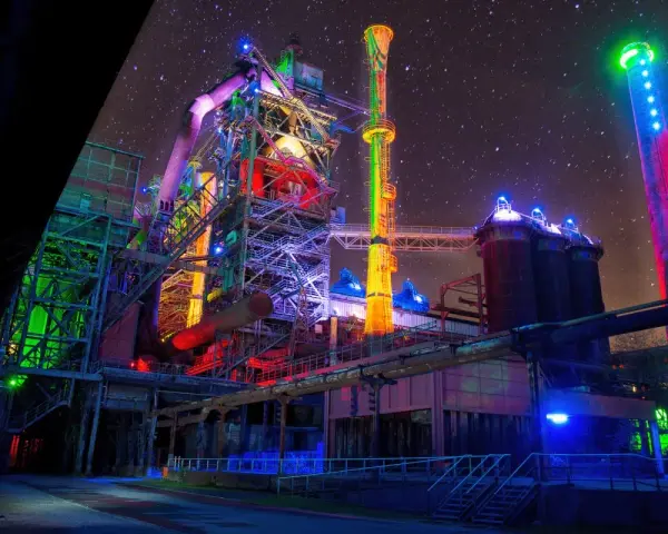 Industrielles Lichterspiel im Landschaftspark Duisburg unter sternklarem Himmel. Bunte Beleuchtung verwandelt die Stahlriesen in ein Kunstwerk.