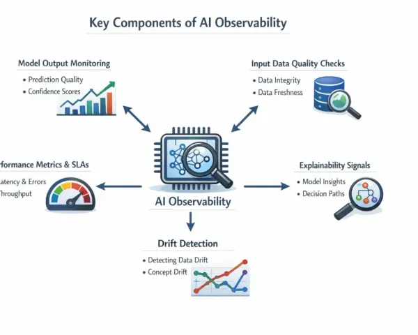 Diagram illustrating key components of AI observability: model output monitoring, input data quality checks, performance metrics, explainability signals, and drift detection.