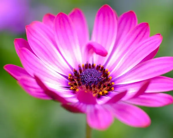 Una margarita rosa vibrante, símbolo del significado de las margaritas: inocencia y pureza.
