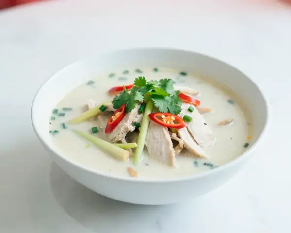 Aromaticzna zupa tom kha z kurczakiem, ozdobiona kolendrą, chili i trawą cytrynową.