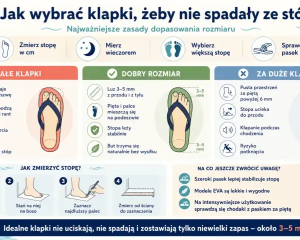 Jak dobrać rozmiar sandałów? Idealne klapki mają 3-5 mm luzu z przodu i z tyłu, nie uciskają i nie spadają.