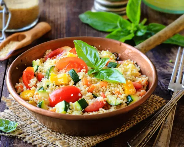 Un piatto colorato con couscous, pomodori, zucchine e peperoni, perfetto per una ricetta cous cous originale e fresca.