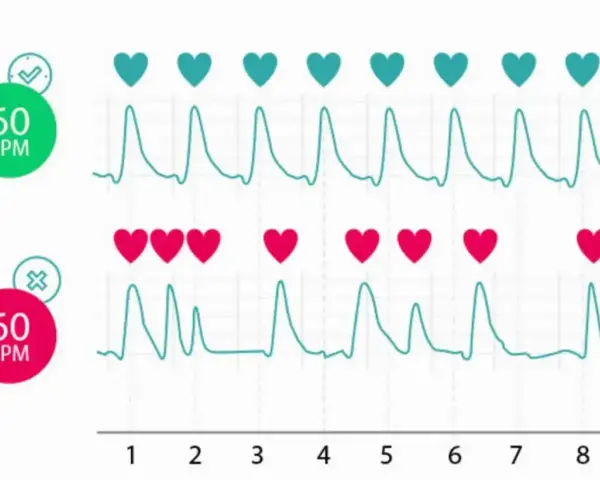Dwa wykresy EKG pokazują rytm serca. Górny wykres z zielonym sercem i 60 BPM jest prawidłowy. Dolny z czerwonym sercem i 60 BPM ma nieregularny rytm.