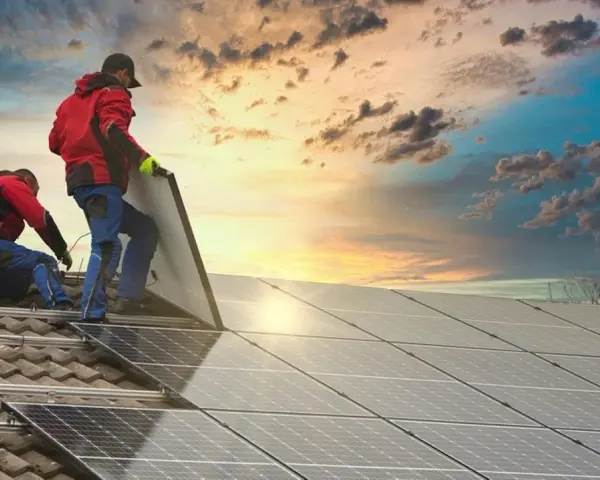 Instalatorzy montują panele fotowoltaiczne, by zapewnić maksymalną wydajność i czystą energię. Zachód słońca dodaje uroku.